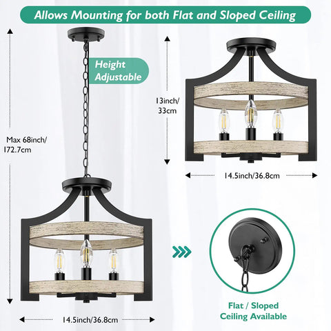 Versatile 3 Light Farmhouse Chandelier With Adjustable Height Pendant Or Semi Flush Mount Rustic Ceiling Light Fixture diagram