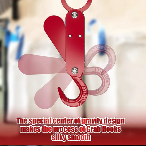 Gravity Powered Automatic Safety Hook for 2200 Lb Lifting with motion illustration showing center of gravity design