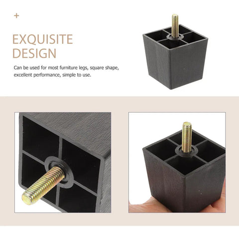 Close-up of black metal and plastic square furniture leg from the Four Pack Square Furniture Legs For Sofa And Cabinet