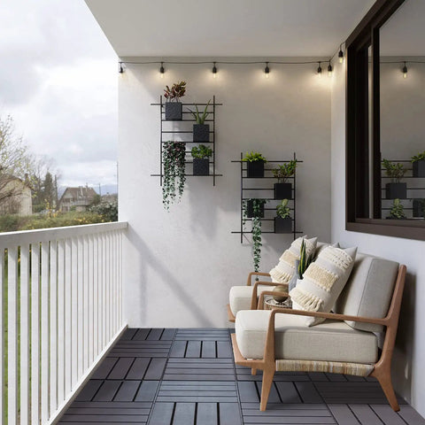 Balcony with Durable No Fuss Easy Snap Interlocking Deck Tiles 27 Pack Outdoor Flooring 12x12 Weatherproof Patio Tiles installed