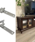 2-pack erosion steel hinges, silver finish; close-up views of heavy-duty furniture hardware beside a dark wood TV cabinet.