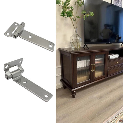 2-pack erosion steel hinges, silver finish; close-up views of heavy-duty furniture hardware beside a dark wood TV cabinet.