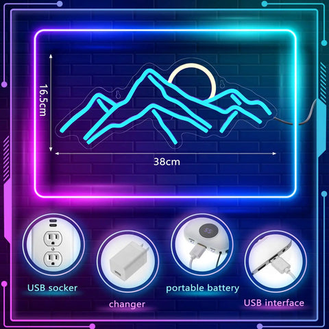 Sunrise Mountain Neon Light Sign USB Powered LED Wall Decor With Moon And Peaks, 16.5 inch, USB charge options shown
