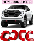 GMC Sierra 1500 Red Tow Hook Covers Set for 2019 2020 2021 2022 2023 2024 2025 displayed on truck with covers detail