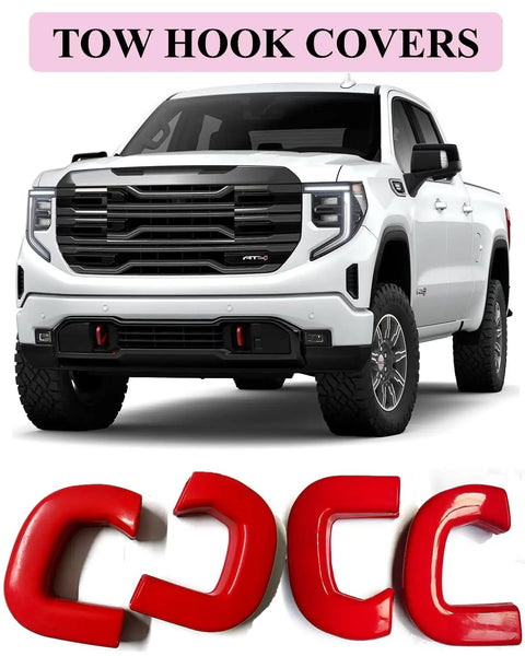 GMC Sierra 1500 Red Tow Hook Covers Set for 2019 2020 2021 2022 2023 2024 2025 displayed on truck with covers detail
