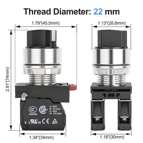Three Position Maintained Selector Switch With 22mm Metal Head And 2NO Contacts UL CSA CE TUV Certified For Industrial Control Panel