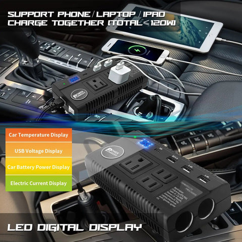 Plug And Play Road Trip Essential 120W Car Power Inverter 12V 24V To 110V AC with LED display and multiple charging ports in car