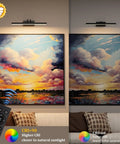 Slick Battery Operated Picture Light For Wall In Bold Black With Seamless RF Remote Control For Flawless Art Display And No Fuss Installation illuminating wall art with vibrant colors.