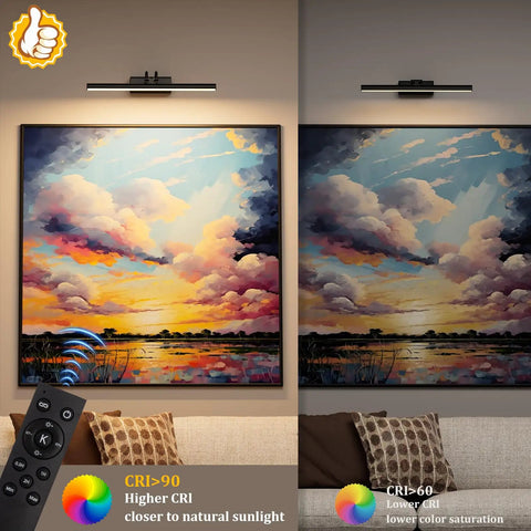Slick Battery Operated Picture Light For Wall In Bold Black With Seamless RF Remote Control For Flawless Art Display And No Fuss Installation illuminating wall art with vibrant colors.