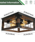 Rustic Wood Four Light Flush Mount Ceiling Fixture With Open Geometric Cage detailed dimensions and design view