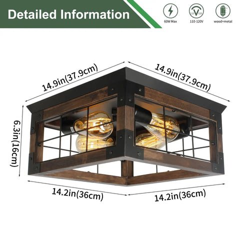 Rustic Wood Four Light Flush Mount Ceiling Fixture With Open Geometric Cage detailed dimensions and design view
