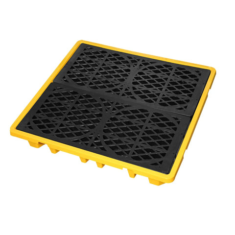 Spill Containment Tray With Drain, Heavy Duty 51x51x6 Inch Platform, Anti Slip Surface, Leakproof Detachable Pallet, Holds Four Drums, Industrial Yellow