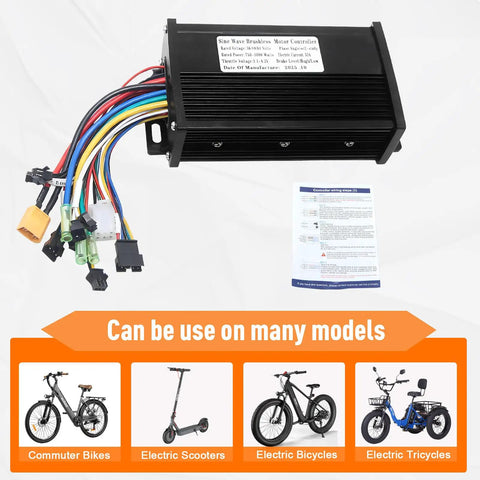 Beefed-Up Ebike Controller For 36V 48V 64V Systems, 750W 1000W, 30A Sine Wave Brushless Motor Controller with wiring and manual
