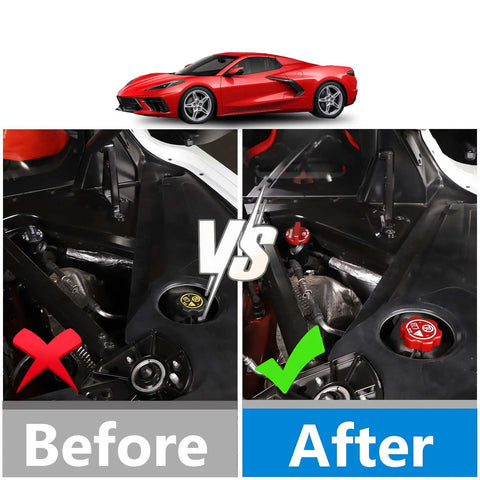 Before and after installation of Chevrolet Corvette C8 Engine Cap Trim Set 4Pcs Aluminum Alloy Oil Cap Radiator Cap.