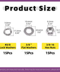 Product Size chart for Massive 45-Piece SAE 304 Stainless Steel 3/8-16 Hex Nuts Set With 3/8 Flat Washers And 3/8 Split Lock Washers