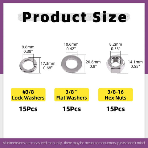 Product Size chart for Massive 45-Piece SAE 304 Stainless Steel 3/8-16 Hex Nuts Set With 3/8 Flat Washers And 3/8 Split Lock Washers