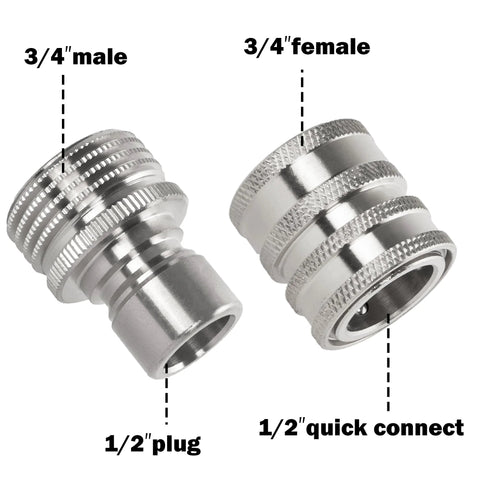 Hourleey stainless steel pressure-washer adapters; 3/4 in male to 1/2 in plug and 3/4 in female to 1/2 in quick connect (2 pieces)