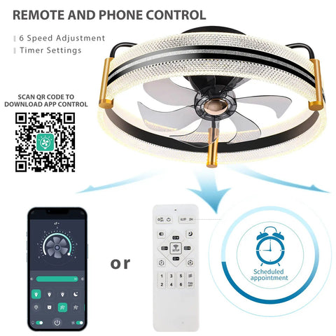 Remote control and phone app for 20 Inch Bladeless Ceiling Fan With Light And Remote, Low Profile Flush Mount, Modern Enclosed Ceiling Fan, 360 Degree Oscillation, 6 Speeds, Ideal Bedroom Air Circulation For A Chill Breezy Vibe