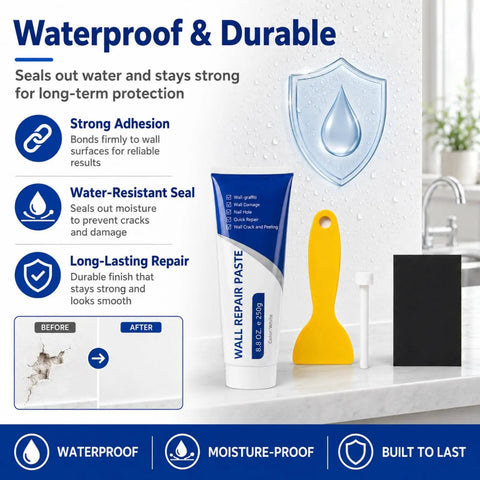 Hassle Free White Wall Repair Paste Kit With Built In Scraper For Quick Hole And Crack Patching showing waterproof tube and scraper tool.