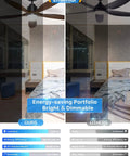 Comparison of 52 Inch Ceiling Fan With Remote And Light, Five CCT Options, Dimmable LED, 1200 Lumens, showcasing brightness and efficiency.