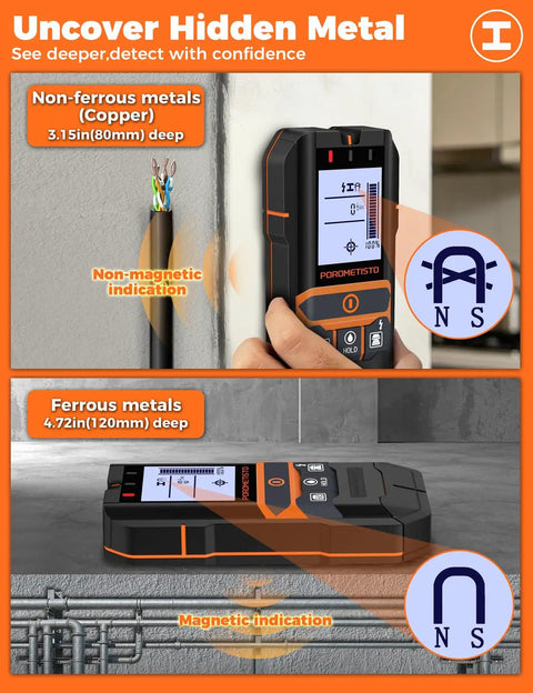 2 In 1 Stud Finder And Moisture Meter With Humidity Detection For Walls Deep Scan Wall Scanner To Locate Studs Pipes And Lumber Moisture Levels Perfect For Home Renos DIY Enthusiasts And Pro Grade Projects, black handheld wall scanner showing metal detection modes