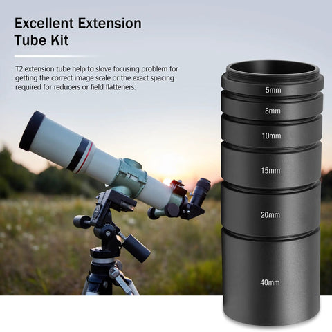 Astronomy T2 Extension Tube Kit with spacers 5mm to 40mm next to a telescope, all-metal anodized aluminum, M42x0.75 threads