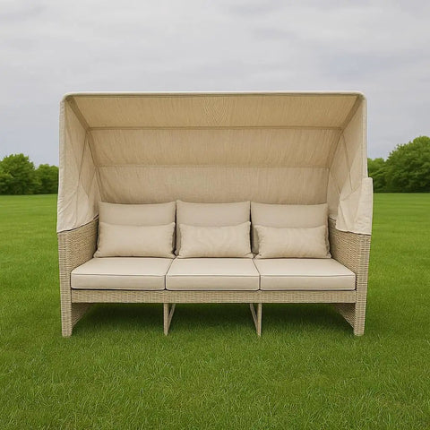 Top Shelf Wicker Patio Couch With Cabana Canopy And Ottoman Set Featuring Three Seat Bench Plus Coffee Table For Chill Backyard Hangouts With Zero Stress