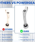 Comparison of beefed up suspension front lower forward control arm pair showing rough vs fine machining features
