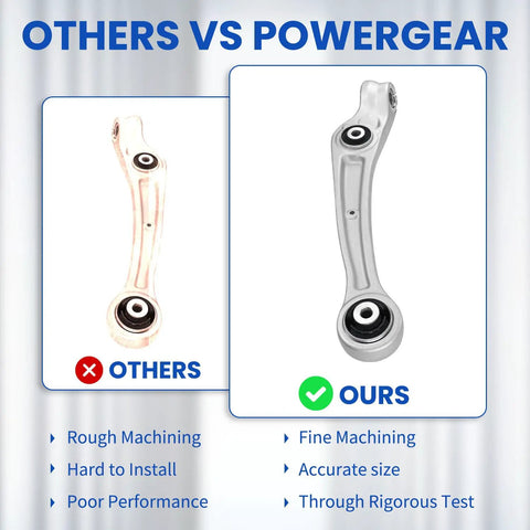 Comparison of beefed up suspension front lower forward control arm pair showing rough vs fine machining features