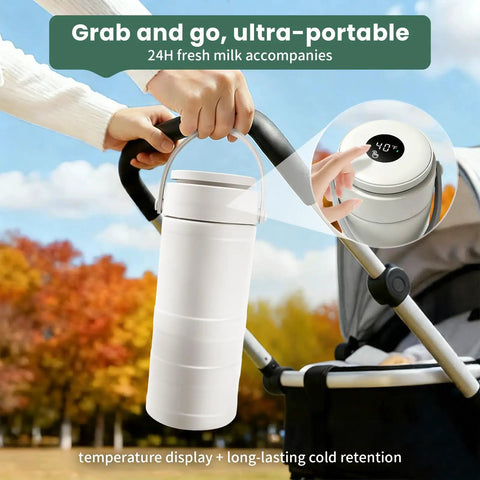 Portable Breast Milk Chiller With Digital Temp Display 22 Oz On The Fly Cooler kept fresh while attached to stroller.