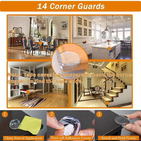 All In One Baby Proofing Kit With 60 Pack Home Safety Essentials, featuring 14 corner guards for furniture in various rooms.