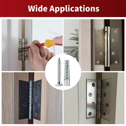 Heavy Duty Door Hinge Repair Screws With Expanding Drywall Anchors Provide A Rock Solid Grip For Loose Cabinet Hardware Fix Wobbly Doors In Minutes 50 Piece installation images showing cabinet door hinges and screws.