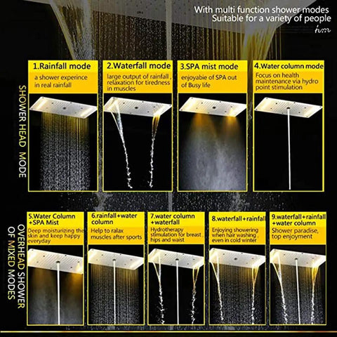 Top Shelf Thermostatic LED Shower System With Ceiling Mounted Rain Showerhead And Solid Brass Handheld Sprayer Plus Anti Scald Multi Function Bathroom Faucet Set That Runs Smooth Without Skipping A Beat showing multi-function shower modes, including rainfall and waterfall options.