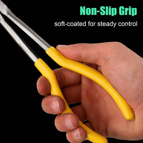 Close-up of hand holding yellow pliers from Four Piece Hose Clamp Pliers Set With Case For Auto Repair, non-slip grip visible.