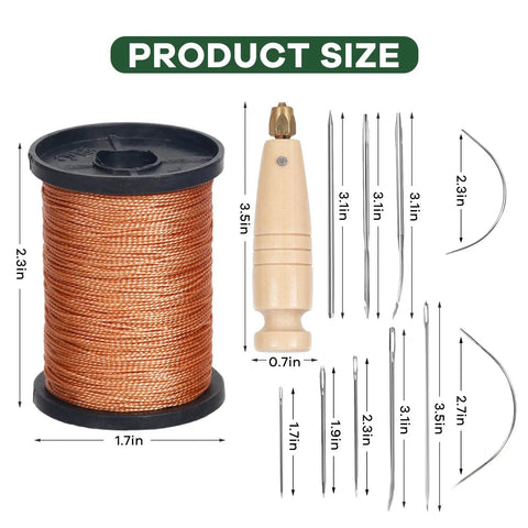 Three Spool Nylon Thread Sewing Kit With Pro Grade 3 Spools Of 80 Yards In Black White And Brown Heavy Duty Needles Set Five Straight And Two Curved Sewing Awl Ideal For Upholstery Leather Shoes And DIY Crafts. Image shows spool, awl, needles with dimensions.