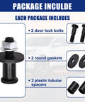 Front view of tailgate striker bolt with nut; 2-pack includes door lock bolts, round gaskets, and plastic tubular spacers.