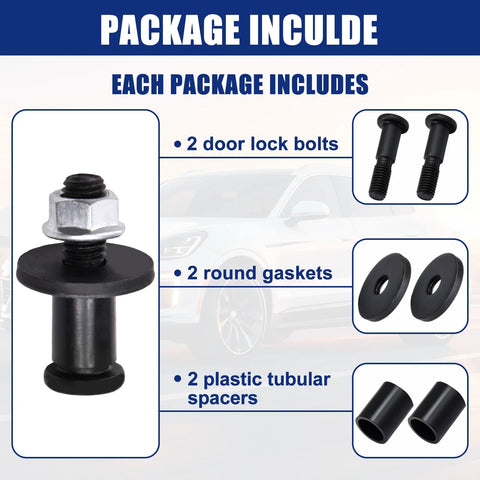 Front view of tailgate striker bolt with nut; 2-pack includes door lock bolts, round gaskets, and plastic tubular spacers.
