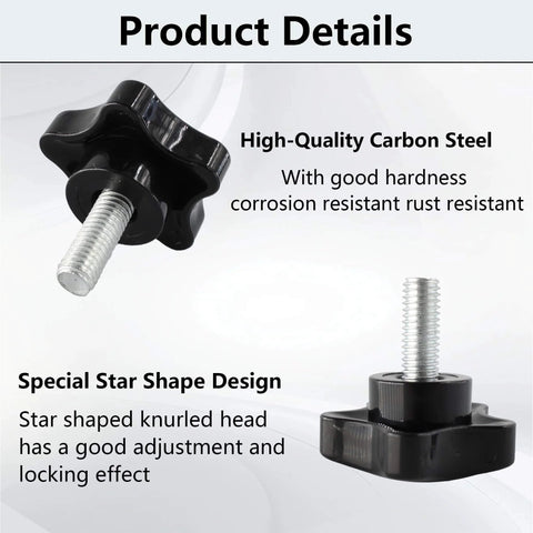 Eight Pack M8 X 20mm Star Shape Head Knurled Thumbscrews with black steel threaded hand bolt knobs, showing design and material features.