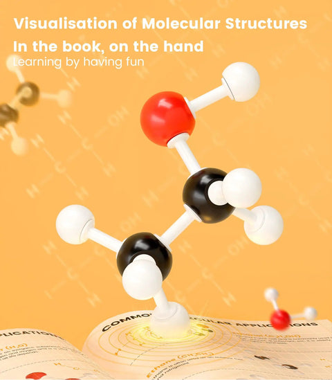 Portable Molecular Model Kit With 404 Pieces For Chemistry Classes demonstrating molecular structure on book