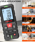 Laser Distance Meter With Dual Bubble Levels, Measures Up To 328 Feet, 4 Unit Conversions, Backlit LCD Display, IP54 Waterproof, Pythagorean Mode For Distance Area And Volume, Ultra Accurate To One Sixteenth Inch, Easy Grip Handheld Tool in black.