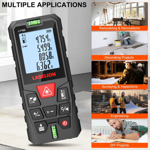Laser Distance Meter With Dual Bubble Levels, Measures Up To 328 Feet, 4 Unit Conversions, Backlit LCD Display, IP54 Waterproof, Pythagorean Mode For Distance Area And Volume, Ultra Accurate To One Sixteenth Inch, Easy Grip Handheld Tool in black.