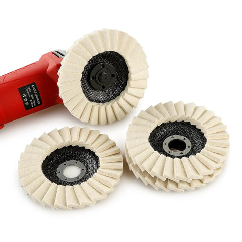 Wool Felt Pro Grade Polishing Wheels Set for Angle Grinder High Density Buffing Discs, 5-inch, shown with grinder.