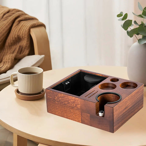 Espresso tamping station with wooden holder and compartment for tools, enhancing home cafe setup. Level Up Your Pour With This Espresso Tamping Station Featuring A Heavy Duty Coffee Tamper Holder And Powder Distributor. Non Slip Rubber Base Keeps Mess At Bay. Absolute Game Changer For Home Cafe Setup.