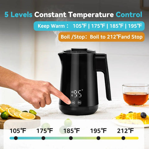 850Ml Small Electric Kettle With Temperature Control Your Quick Heat Buddy 800W Fast Boil Double Wall 304 Stainless Steel Five Temperature Presets Auto Shut Off Safe For Tea And Coffee Compact Kitchen Office Dorm Black with person adjusting settings.
