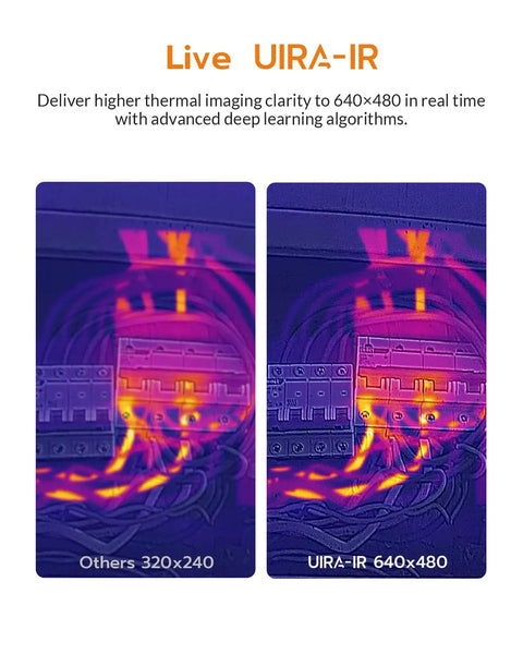 GT27D WiFi Thermal Camera with IR and Visible Light 640x480 High Resolution Real Time Imaging UIRA IR Enhanced Sensor for Pro Grade Temperature Readouts Hotspot Detection and Hidden Defect Scanning showing 640x480 thermal comparison