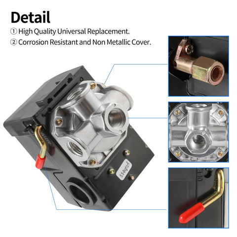 LF10-4H Air Compressor Pressure Switch Replacement 95-125 PSI Range, 20A, 4 Port, Unloader Valve, metal and plastic parts shown.