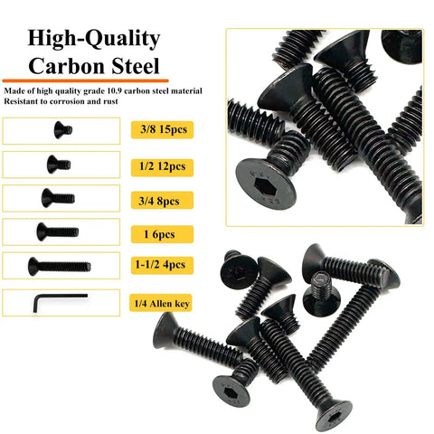 45 Piece 1/4 20 Countersunk Head Socket Cap Screw Assortment Kit With Allen Keys Black Grade 10.9 Carbon Steel Machine Bolts in assorted sizes