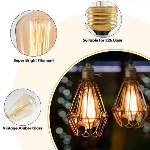 60 Watt Incandescent Edison Light Bulbs Set Vintage Dimmable E26 ST64 Warm White Amber Filament Lamps 2200K Cozy Home Glow