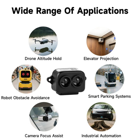 High Precision Lidar Sensor 0.2m To 8m Range for diverse applications like drone altitude, smart parking, and camera focus assist.