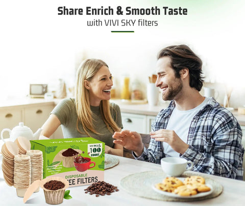 A box of Disposable K Cup Coffee Filters With Lid For Keurig Single Serve Brewers, 100-count, on a table with a couple smiling.
